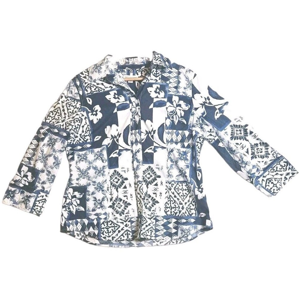 Coldwater Creek Blouse Large 14 16 Blue White Patchwork Floral Cotton Spandex